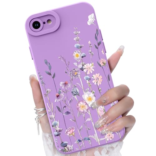 CASBST Compatible with iPhone SE/8/7 Phone Case, Fashion Flower Pattern Design Girls Women Liquid Silicone Cover, Slim Shockproof and Scratch-Resistant Soft Case for iPhone SE/8/7- Purple
