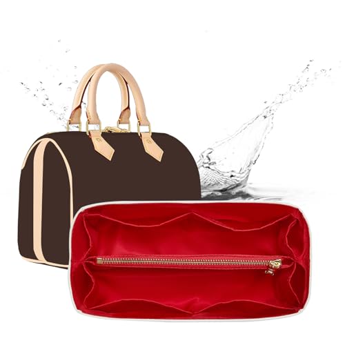 Doxo Inserção organizadora de bolsa atualizada compatível com Lv Speedy 25, Neverfull PM, Goyard PM e mais, inserção organizadora de bolsa de papel duplo leve com zíper, 11 bolsos (vermelho, M)
