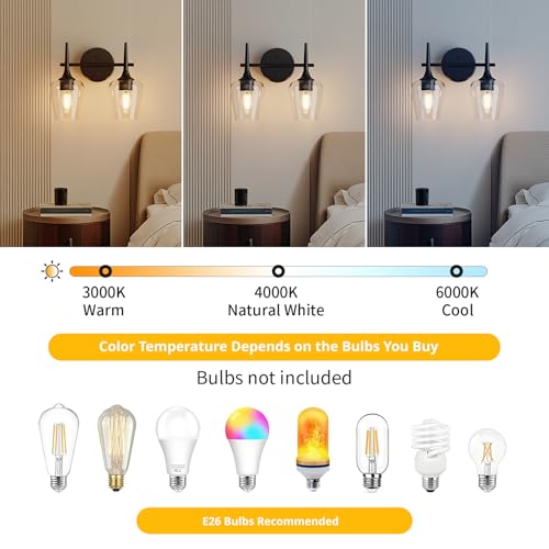 Image of Black Vanity Light 2-Light Modern Farmhouse Bathroom Light Fixture with Wine Glass Shades for 16 Inch Mirror, Decor Wall Sconce for Hallway Bedroom