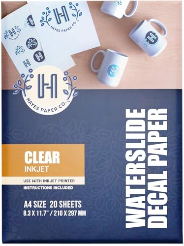 Hayes Paper - Papel de calcomanía de transferencia al agua para impresora de chorro de tinta, de alta calidad, transparente, 20 hojas, tamaño A4, 20,9 x 29,7 cm