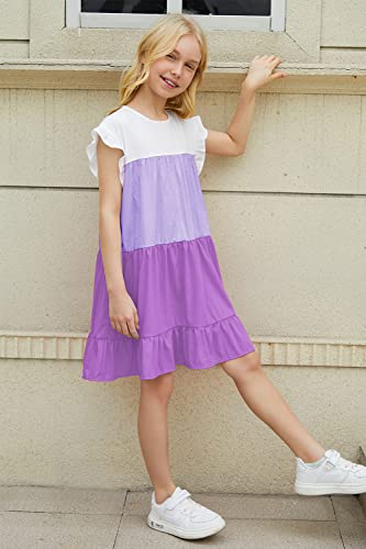 Modafans Girls Ruffle Sleeve Tiered Swing Flowy Dress Colorblock Casual Loose Fit Midi Dress For Girls 6-7T,Lavender Purple #TOP1