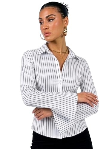 Image of Aahwan Striped Button Down Flared Bell Long Sleeve Casual Shirt for Women's & Girl's
