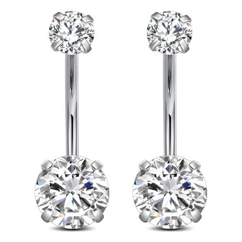 FECTAS 14G Belly Button Rings for Women, Stainless Steel Long Navel Piercing Jewelry with CZ Stones, 14mm Silver Belly Rings, 2PCS