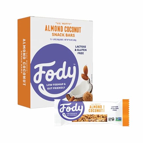 Fody Foods Snack Bars, Almond Coconut, 1.41 Oz (Pack of 12), 6g Protein, Low FODMAP, Gut & IBS Friendly, Vegan, Lactose Free, Non-GMO, Gluten Free