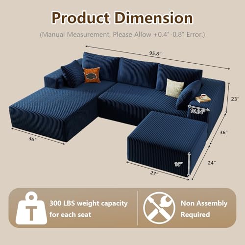 Image of 96 inch U-Shape Cloud Couch, Modern Modular Sectional L-Shape Sofa with Ottoman, Corduroy Upholstered Couches Deep Seat Sleeper Chaise Longue for Living Room, No Assembly Required(Blue, Left Facing)