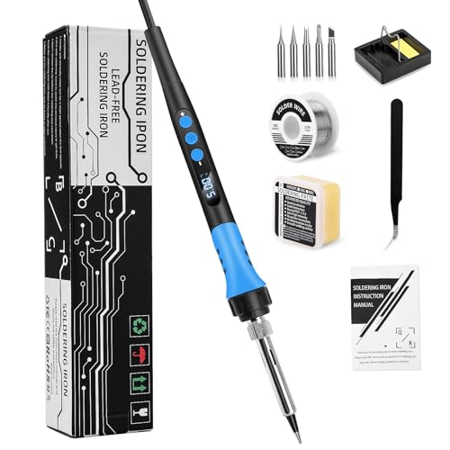 Kit de fer à souder LED 90 W avec température réglable de 180 ℃ à 480 ℃, 5 fers à souder, pâte à souder, fil à souder, support de fer à souder, kit de soudure pour réparation de soudure - Bleu