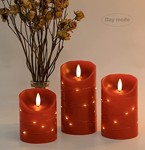 Image of danip red LED flameless Candle with Embedded Star String, 3-Piece Set of LED Candles, with 11 Button Remote Control, 24-Hour Timer Function, Dancing Flames, Real Wax, Battery Powered. (Red)