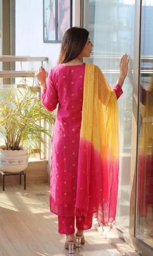 Image of GoSriKi Kurta Sets for Women Viscose Printed | Kurti Set for Woman | Kurta Pant Dupatta Set | Straight Kurti | Round Neck V-Slit 3 /4 Sleeve Suit Set for Women Stylish Ethnic Outfit Clothing