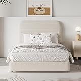 HOMBCK Twin Bed Frames with Headboard, Twin Size Boucle Upholstered Bed Frame for Kids, Soft Rounded Corners, Wooden Slats Support, No Box Spring Required, Easy Assembly, Cream