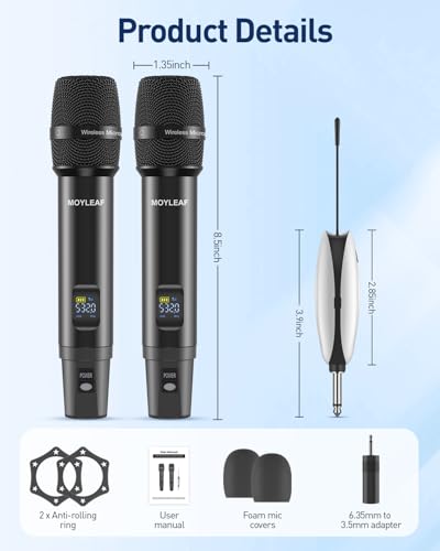 MOYLEAF Wireless Microphones, UHF Metal Dual Handheld Cordless Dynamic Mic System with Rechargeable Receiver, 1/4 \"Output for Karaoke Singing, Wedding, DJ, Party, Speech, Church, Class Use, 240ft - Thumbnail 7