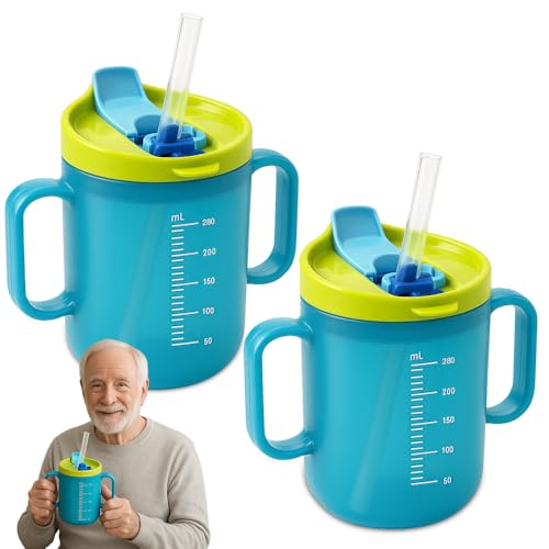 HOVCEH 2 PCS Elderly Spill Proof Cups 280 ml Unspillable Cup with 2 Handles Elderly Drinking Cup Feeding Cup Drinking Cup with Lid and Straw Adult Sippy Cups for The Elderly Non Spill (Blue)