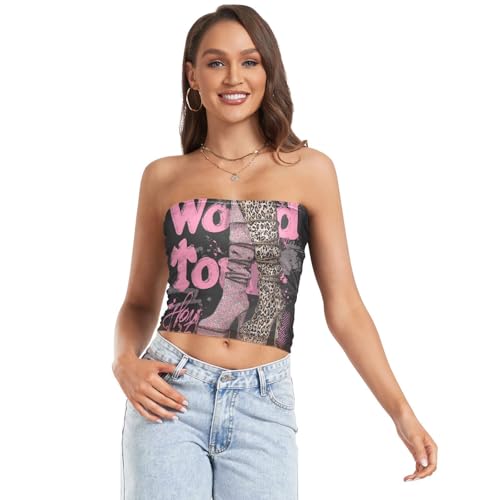 EtherSpher Girls Boots Peach Leopard Elastic Women's Crop Tops Bandeau Tops for Teen Sports, Girls Boots Peach Leopard, Small
