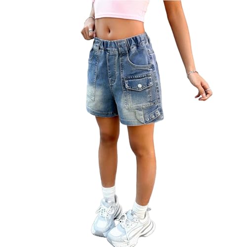 Jean Shorts Girls Elastic Medium Waisted Casual Summer Denim Shorts with Pockets Fashion 2026 Kids Jeans Size 5-15T Blue Size 5-6