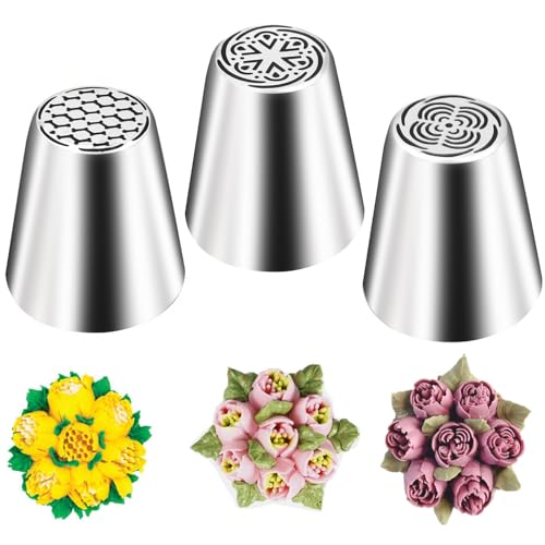 Hendiy 3 Pieces Russian Piping Tips, Stainless Steel Russian Piping Tips set Flower Icing Tips Frosting Tips for Decorating, Pastry Tips for Cake Decorating