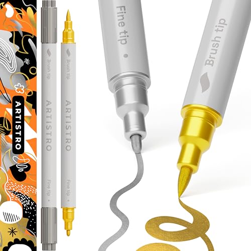 Artistro 2 Pennarelli Con Vernice Acrilica Oro E Argento, Pennarelli Acrilici A Doppia Punta (Pennello + Punta Fine 1 Mm), Pennarelli Acrilici Per Tes