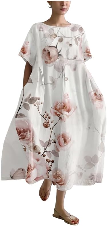 MARSVOVO Boho Maxi Dress for Women 2024 Summer Retro Rose Print Oversized Short Sleeve Western Art Painting Style Dress