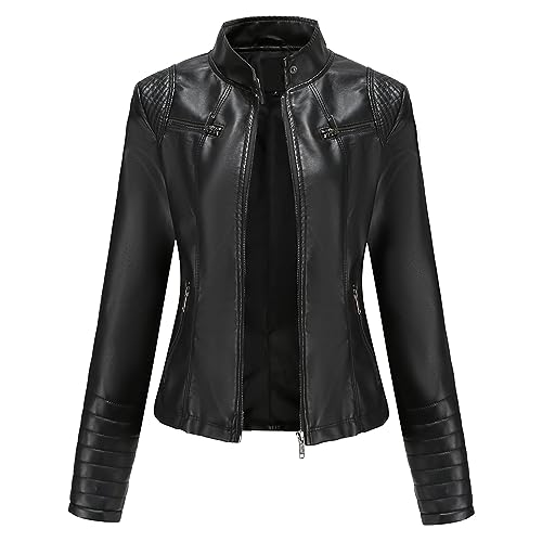Veste Femme, Veste en Cuir pour Femme, Veste en Cuir PU Fine, Col Montant, Veste Légère de Transition avec Fermeture Éclair, Mode Femme, Veste Courte pour Cycliste, Veste Élancée, Femme, Noir , L