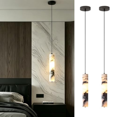 Image of LED Pendant Light In Natural Alabaster 3000K Warm White Light Modern Cylindrical Suspension Light Height Adjustable Hanging Lamp Ideal For Bedroom Living Room Dining Room And Kitchen Island(1-Pack)