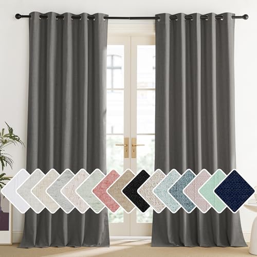 NICETOWN Grizzle Gray Vintage Linen 100% Blackout Curtains for Living Room, Thermal Insulated Curtains 84" Long, Noise Reducing Window Treatment Drapes for Dining Room, 62" Wide Per Panel, Set of 2