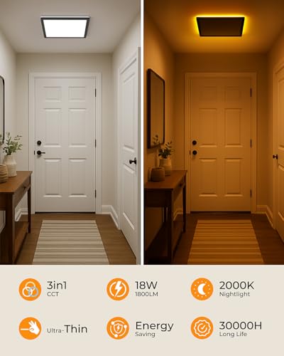 Image of BLNAN LED Flat Ceiling Light, 18 W Ceiling Light with 2000 K Night Light, 1800 lm, Warm Neutral, Cold White, 3000 K / 4000 K / 5000 K, Panel for Hallway, Bedroom, Kitchen, Balcony, Basement, Office
