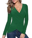 Afibi Women's Basic Sexy Long Sleeve V-Neck Stretch T-Shirt Blouse Tops (Large, Green)