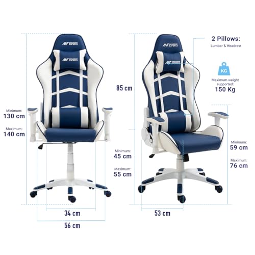 Image of Ant Esports 9077 Ergonomic Gaming Chair, Multifunctional Gaming Chair with Premium PU Leather Upholstery, 2D Armrest, Integrated Neck and Lumbar Support, & 180 Recline - White & Blue