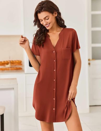 Image of Ekouaer Women V Neck Button Down Nightgown