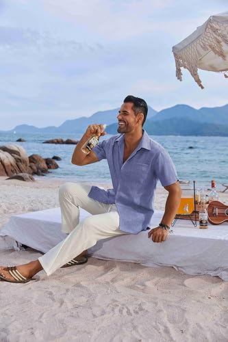 Image of COOFANDY Men's Button Down Shirts Short Sleeve Casual Shirts Summer Beach Linen Shirts with Pocket