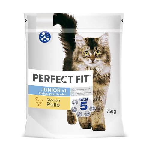 PERFECT FIT Junior < 1 cibo secco per gatti junior – Soddisfa le esigenze specifiche di un gatto sterilizzato – ricco di pollo, 750 g (confezione da 6)