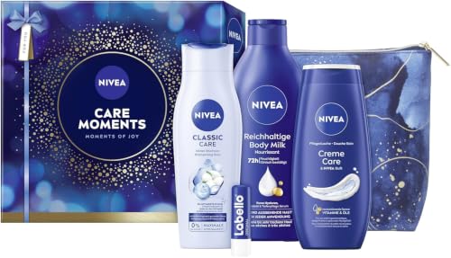 NIVEA Care Moments Geschenkset Geschenk für Frauen Geschenkbox mit Duschgel (250 ml) Shampoo (250 ml) Body Lotion (400 ml) Labello Lippenpflege (4 8 g) und Kulturtasche