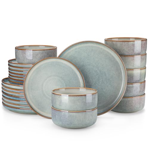 vancasso PLAYA Plates and Bowls Sets, 24 Pieces Light-Blue Dinnerware Sets for Kitchen, Reactive Glaze Dishes Set for 8, Dishwasher and Microwave Safe by vancasso - Used condition - US$115.04