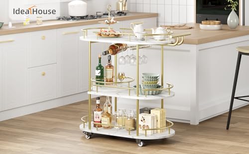 CABIHOME Gold 3-Tier Rotating Bar Cart with Wheels, Modern Serving Cart for Kitchen, Living Room, Dining Room - Thumbnail 2