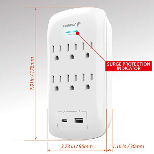 Fosmon Wall Outlet Extender Surge Protector - 6 Outlet Wall Adapter With 2 Usb Charging Ports (1 Usb-A, 1 Usb-C), Multi Plug Outlet, Splitter Outlet For Home, Dorm Essentials, 1225 Joules, Etl Listed #TOP6