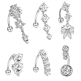 Anillos para ombligo de acero quirúrgico 14G, 6 anillos para el ombligo para mujer, mariposa, flor, corazón con circonita cúbica, Cubic Zirconia