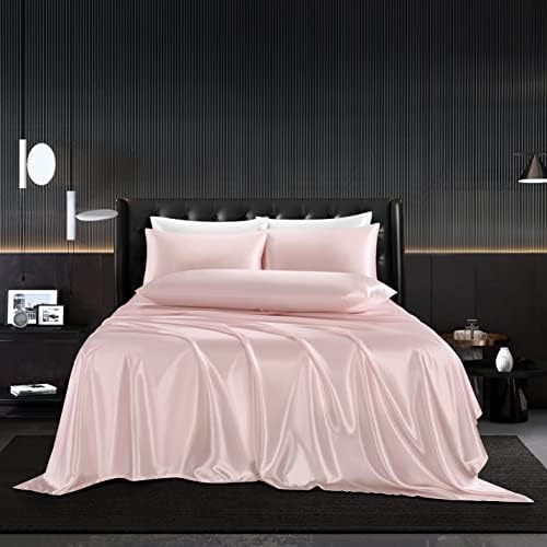 HommxJF 5Pcs Blush Pink Silk Sheets Queen Satin Sheets Set Queen Size Sheets Silky Breathable Luxury Bedding Sheets with 1 Satin Flat Sheet,1Deep Pocket Fitted Sheet,3 Pillowcases