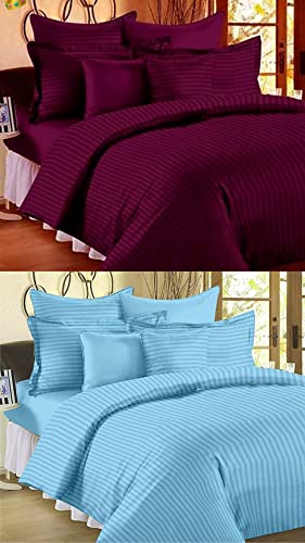 Image of Combo Pack of 2 Cotton Satin Stripes Plain Bedsheets for Double Bed with 4 Pillow Covers for Home, Hotels Rooms, Guest House (Color- Maroon & Sky Blue)