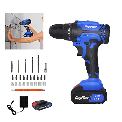 21V Cordless Drill Driver Screwdriver with LED, 45Nm Screw Gun, 25+1 Torque Setting, Lithium-Ion Electric DIY Tools, 0.8mm-10mm Chuck, Variable Speed, Rechargeable Drill for Wood Metal