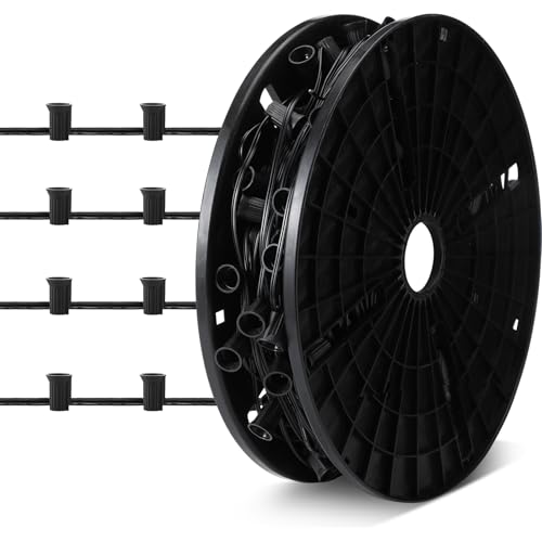 Copkim 250 ft C9/E17 Christmas Light Sockets Set Spool Outdoor UL Listed C9 Sockets Lights Patio String C9 Strands Bulk C9 Christmas Light Cord for Patio Event Lighting- 12 Spacing Wire (Black)