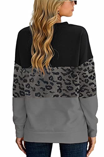 Smeng Womens Fall Clothes Long Sleeve Cute Lightweight Crewneck Sweatshirts For Women Side Split Fashion Clothing Leopard Printed Sweater Junior Tops Black M #TOP1