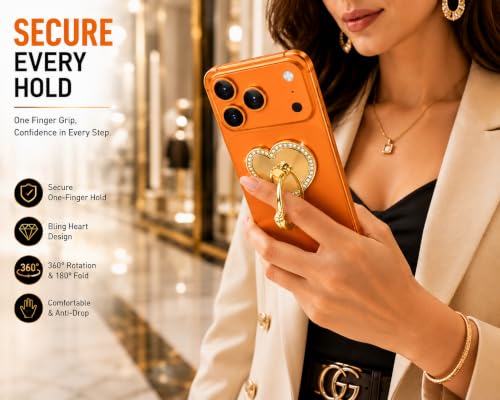 Image of Mizi 2Pack Bling Heart Phone Ring Holder Stand, 360 Rotating & 180 Foldable Finger Grip Kickstand with Strong 3M Adhesive, Zinc Alloy Phone Ring-Smartphones & Tablets, Sparkly Diamond Design - Gold