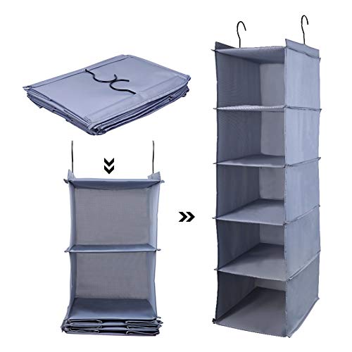 Liesun Wandregal, Hängeregal mit 5 Fächern und 1 Schubladen, Hängeregal, Kleiderschrank, Hängeorganizer, Mehrzweck-Stoff, Grau