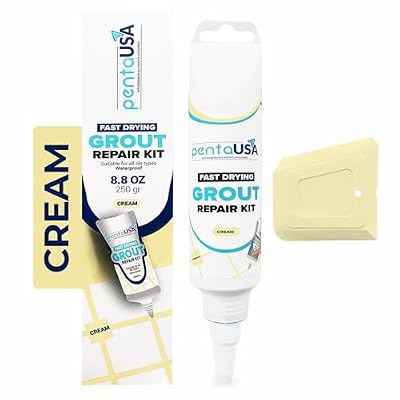 PentaUSA Tile Grout Repair Kit - 8.8 oz Cream Color Premix Grout Paint Tube with Applicator Spatula - Restore and Renew Tile Joints, Easy to Use, Fast Drying Odorless Formula (Cream 8.8oz - 250gr)