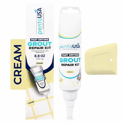 PentaUSA Tile Grout Repair Kit - Cream Grout Filler, Triple Protection, Fast Drying Formula Restores and Renews Joint Lines with Grout Float (Cream, 8.8oz / 250gr)