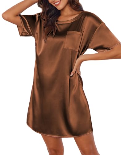 Image of Ekouaer Silky Satin Sleep Shirts for Women Nightshirt Tshirt Night Gowns | Short Sleeve Pajama Dress Round Neck Shirt Dress With Chest Pocket Cooling Nightgowns Lightweight Sleepwear