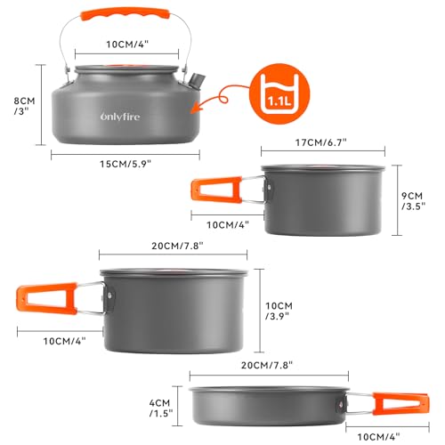 ONLYFIRE OUTDOOR LIVING14pcs Camping Cookware Set, Lightweight Nonstick Pots, Pan, Kettle, Utensils, Bowls, and Cleaning Tool with Mesh Bag for Camping Hiking Backpacking RV Tailgating Cooking, CT604