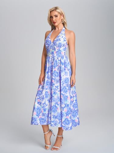 Image of Parthea Women's Gingham Halter V Neck Midi Dress Corset Smocked Sundress Flowy A Line Wedding Guest Dresses
