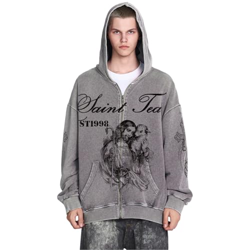Image of Chainsaw Man Mens Streetwear Zip Up Hoodie Saint Graphic Long Sleeve Jacket with Pockets Casual Letter Print Sweatshirt