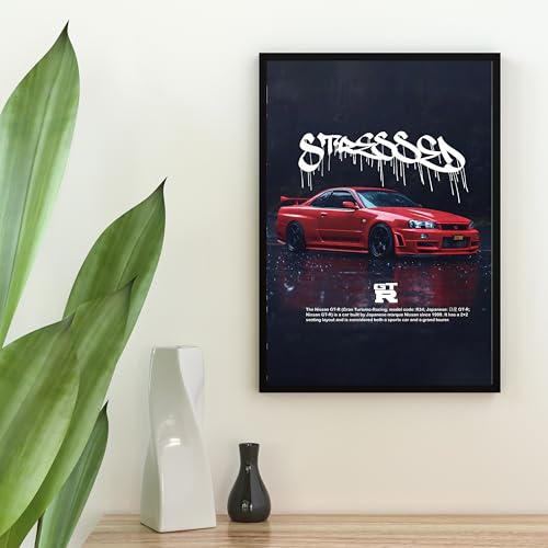 Image of Stylish Nissan GT-R R34 Poster A4 Size - Street Art Graffiti Car Wall Decor | JDM Sports Car Print | Aesthetic Automotive Wall Art for Room & Office (Design 12)