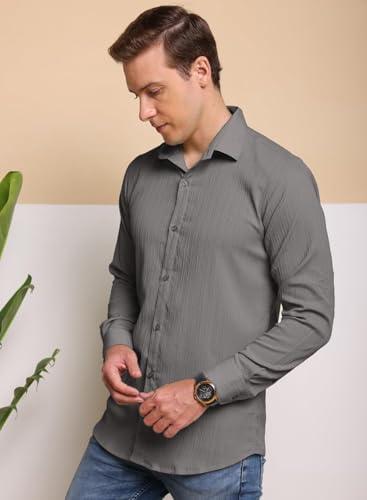 Image of FILO HEVIS Men's Casual Button Down Popcorn Shirts Stylish Long Sleeve Linen Textured Beach Summer Shirt