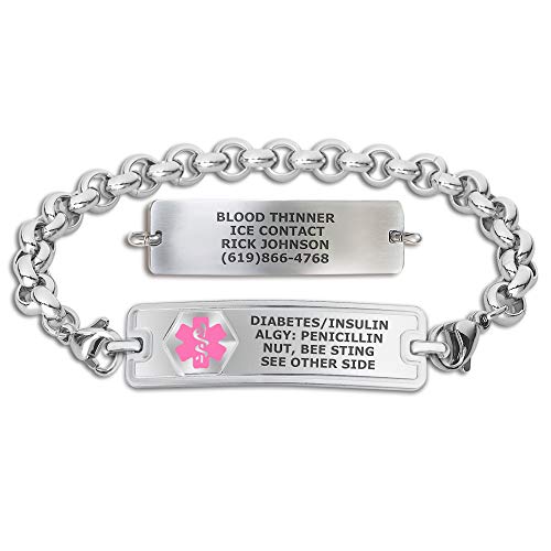 Divoti Custom Engraved Medical Alert Bracelets for Women, Stainless Steel Medical Bracelet, Medical ID Bracelet w/Free Engraving  Classic Tag w/Elegant Rolo Chain-Pink-8.0